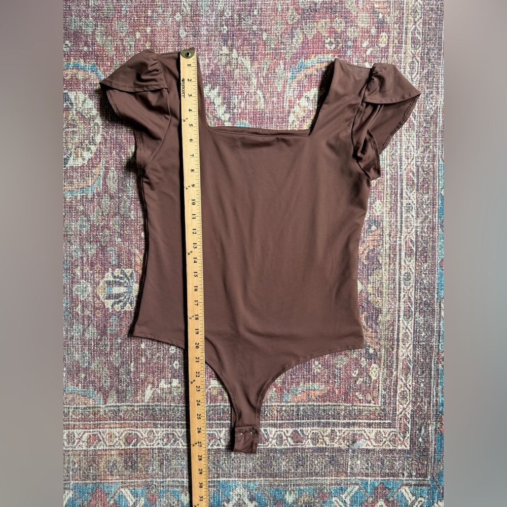 Large PinkmStyle Women’s Brown double lined Tulip sleeve square neck bodysuit - Picture 2 of 8